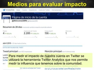 Medios para evaluar impacto
Para medir el impacto de nuestra cuenta en Twitter se
utilizará la herramienta Twitter Analytics que nos permite
medir la influencia que tenemos sobre la comunidad.
 