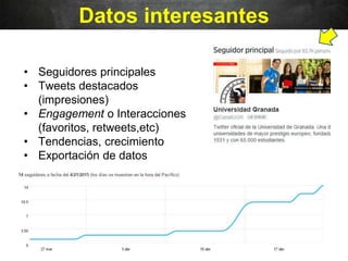 Datos interesantes
• Seguidores principales
• Tweets destacados
(impresiones)
• Engagement o Interacciones
(favoritos, retweets,etc)
• Tendencias, crecimiento
• Exportación de datos
 