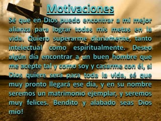 AYUDA MUCHO LEER LIBROS DE AUTOESTIMA, MOTIVACION PERSONAL, VER DOCUMENTALES QUE TE IMPULSEN A SEGUIR EN LA LUCHA, DIOS TIENE SU PARTE FUNDAMENTAL Y CREEME, SI TE AYUDA MUCHO, EL REALMENTE CONOCERLO ES UNA EXPERIENCIA GENIAL, ESO FUE LO QUE ME PASO A MI, ME ENCANTA ESTAR EN CONTACTO DIRECTO CON DIOS Y LE AGRADEZCO A MI PADRE CELESTIAL TODO LO QUE ME HA DADO, TODO LO QUE TENGO Y TODO LO QUE ME DARA. SI ERES CAPAZ DE VERTE EN TUS SUEÑOS, ENTONCES PODRAS REALIZARLOS Y TENERLOS EN TUS PROPIAS MANOS.QUE DIOS PADRE TE ILUMINE Y TE BENDIGA POR SIEMPRE