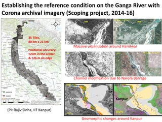 35 Tiles,
80 km x 21 km
Positional accuracy:
±20m in the center
& ±26 m on edge
Establishing the reference condition on the Ganga River with
Corona archival imagery (Scoping project, 2014-16)
Massive urbanization around Haridwar
Channel modification due to Narora Barrage
Kanpur Kanpur
Geomorphic changes around Kanpur
(PI: Rajiv Sinha, IIT Kanpur)
1965 2014
 
