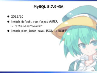 MySQL 5.7.9-GA
2015/10
innodb_default_row_format の導入
デフォルトは”Dynamic”‐
innodb_numa_interleave, JSON -> 演算子
23/44
 