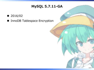 MySQL 5.7.11-GA
2016/02
InnoDB Tablespace Encryption
26/44
 