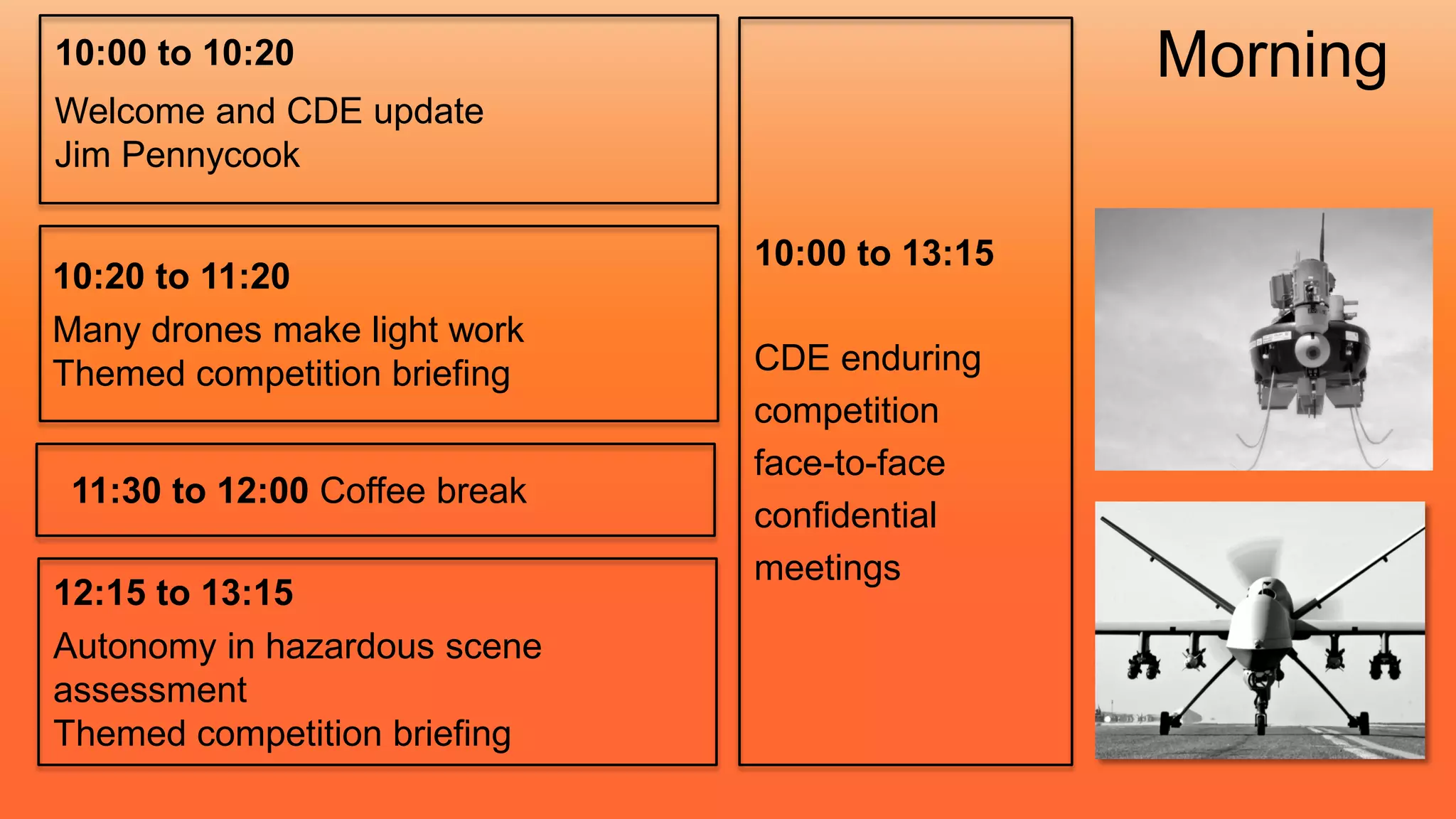 10:00 to 10:20
Welcome and CDE update
Jim Pennycook
10:20 to 11:20
Many drones make light work
Themed competition briefing
12:15 to 13:15
Autonomy in hazardous scene
assessment
Themed competition briefing
10:00 to 13:15
CDE enduring
competition
face-to-face
confidential
meetings
Morning
11:30 to 12:00 Coffee break
 