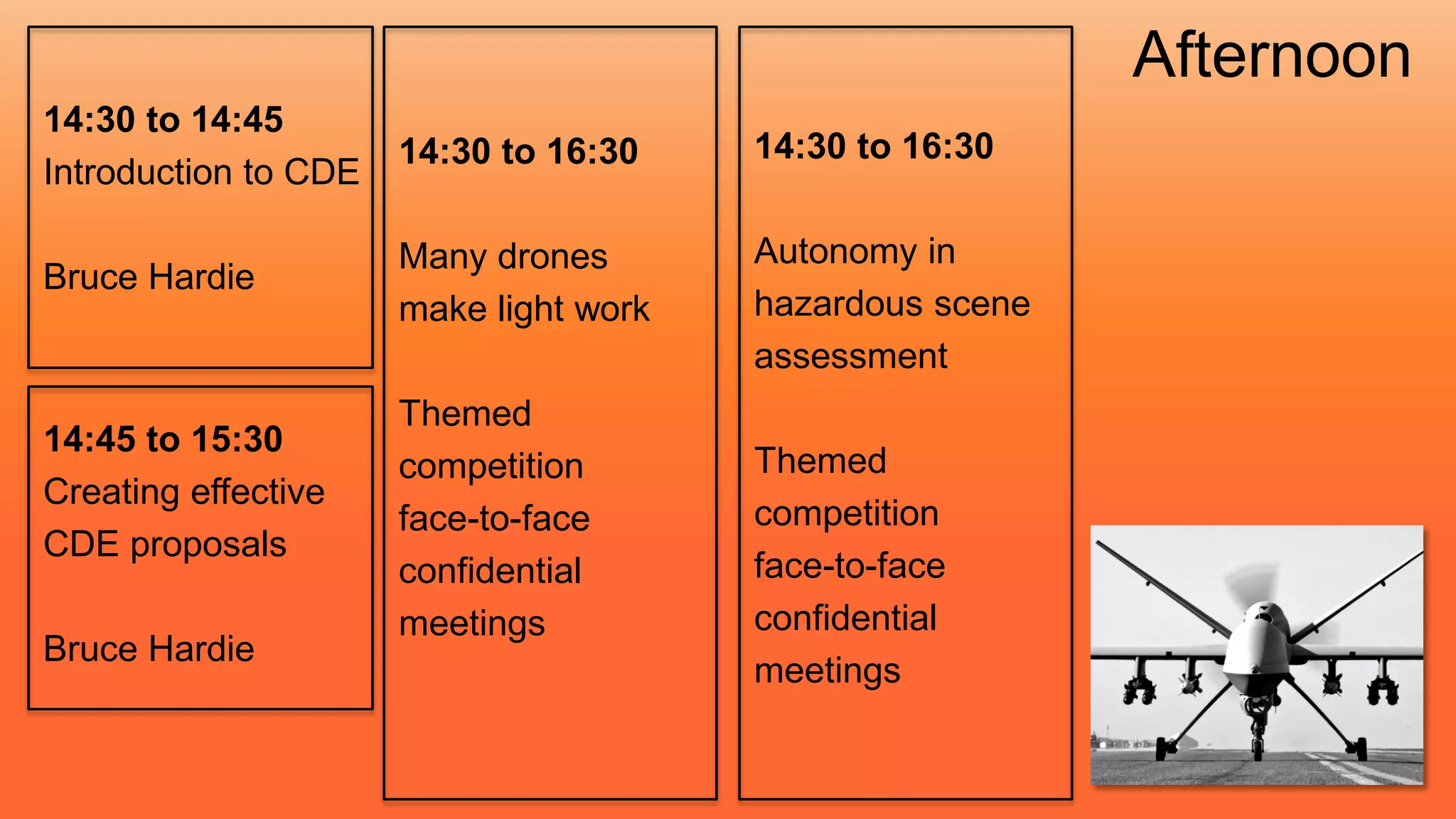 14:30 to 14:45
Introduction to CDE
Bruce Hardie
14:45 to 15:30
Creating effective
CDE proposals
Bruce Hardie
14:30 to 16:30
Autonomy in
hazardous scene
assessment
Themed
competition
face-to-face
confidential
meetings
Afternoon
14:30 to 16:30
Many drones
make light work
Themed
competition
face-to-face
confidential
meetings
 