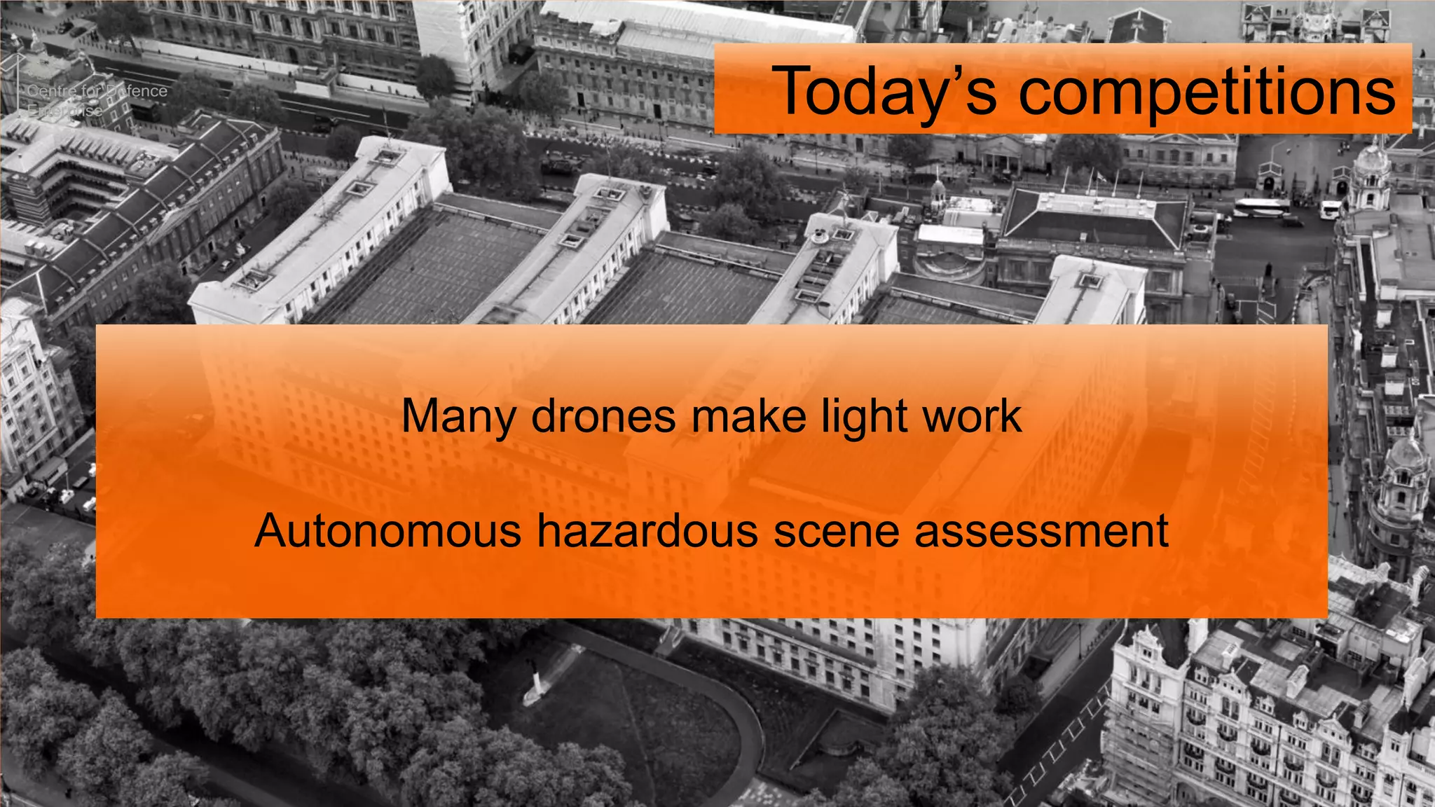 Many drones make light work
Autonomous hazardous scene assessment
Today’s competitions
 