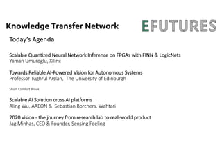 Today’s Agenda
Scalable Quantized Neural Network Inference on FPGAs with FINN & LogicNets
Yaman Umuroglu, Xilinx
Towards Reliable AI-Powered Vision for Autonomous Systems
Professor Tughrul Arslan, The University of Edinburgh
Short Comfort Break
Scalable AI Solution cross AI platforms
Aling Wu, AAEON & Sebastian Borchers, Wahtari
2020 vision - the journey from research lab to real-world product
Jag Minhas, CEO & Founder, Sensing Feeling
 