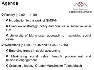 Agenda
Plenary (10.00 – 11.10)
Introduction to the work of GMSVN
Overview of strategy, policy and practice in ‘social valu...