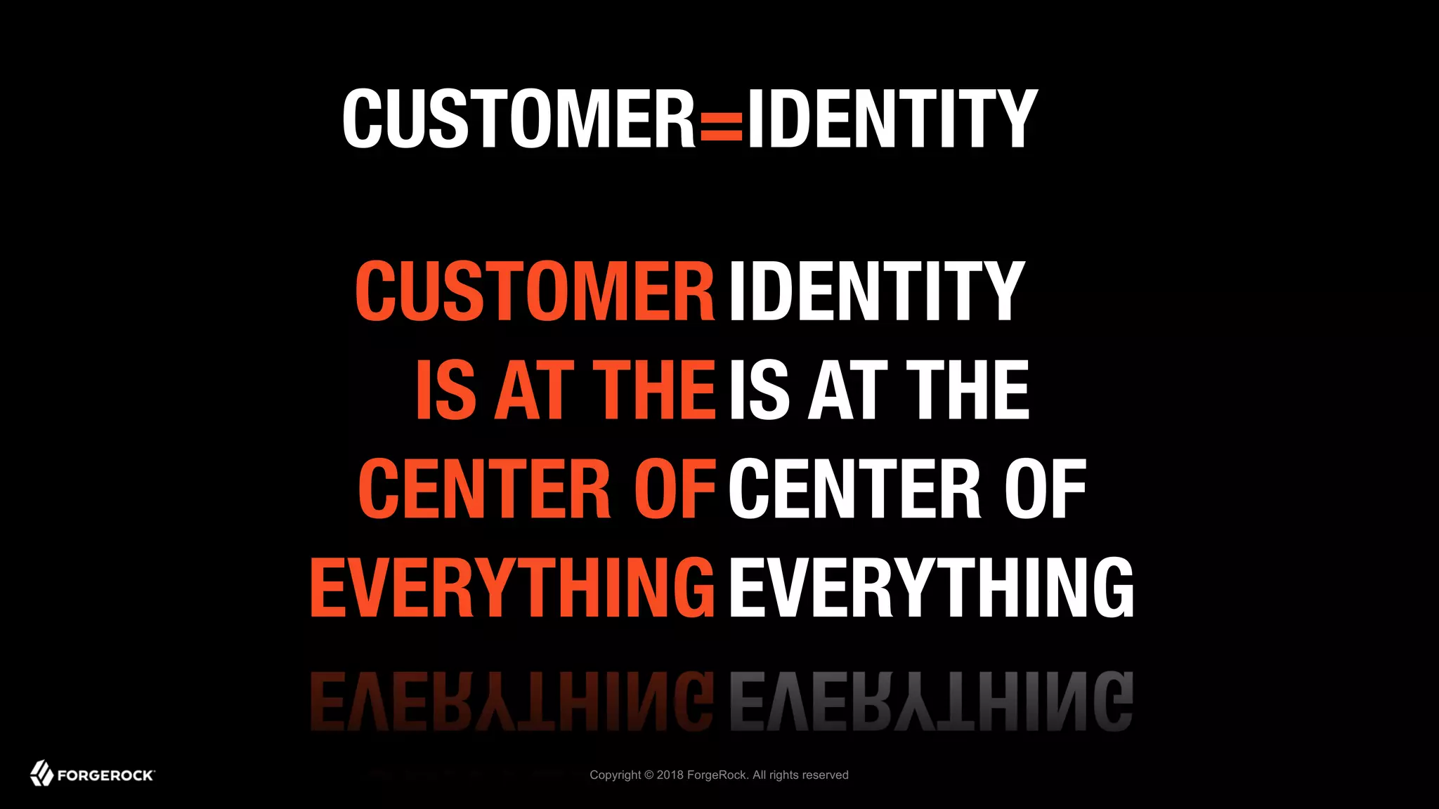 CUSTOMER=IDENTITY
Copyright © 2018 ForgeRock. All rights reserved
IDENTITY
IS AT THE
CENTER OF
EVERYTHING
CUSTOMER
IS AT THE
CENTER OF
EVERYTHING
 