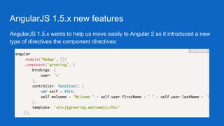 AngularJS 1.5.x new features
AngularJS 1.5.x wants to help us move easily to Angular 2 so it introduced a new
type of directives the component directives:
 