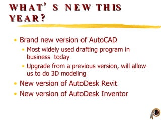 WHAT’S NEW THIS YEAR? Brand new version of AutoCAD Most widely used drafting program in business  today Upgrade from a previous version, will allow us to do 3D modeling New version of AutoDesk Revit New version of AutoDesk Inventor 