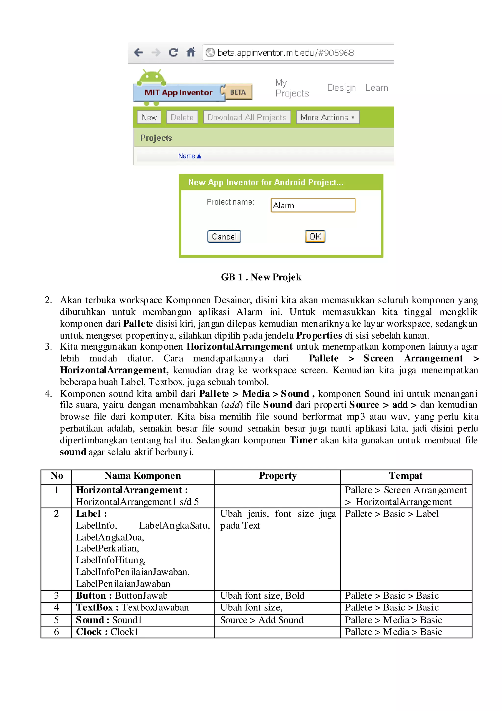 GB 1 . New Projek

2. Akan terbuka workspace Komponen Desainer, disini kita akan memasukkan seluruh komponen yang
   dibutuhkan untuk membangun aplikasi Alarm ini. Untuk memasukkan kita tinggal mengklik
   komponen dari Pallete disisi kiri, jangan dilepas kemudian menariknya ke layar workspace, sedangkan
   untuk mengeset propertinya, silahkan dipilih pada jendela Properties di sisi sebelah kanan.
3. Kita menggunakan komponen HorizontalArrangement untuk menempatkan komponen lainnya agar
   lebih mudah diatur. Cara mendapatkannya dari                Pallete > S creen Arrangement >
   HorizontalArrangement, kemudian drag ke workspace screen. Kemudian kita juga menempatkan
   beberapa buah Label, Textbox, juga sebuah tombol.
4. Komponen sound kita ambil dari Pallete > Media > S ound , komponen Sound ini untuk menangani
   file suara, yaitu dengan menambahkan (add) file S ound dari properti S ource > add > dan kemudian
   browse file dari komputer. Kita bisa memilih file sound berformat mp3 atau wav, yang perlu kita
   perhatikan adalah, semakin besar file sound semakin besar juga nanti aplikasi kita, jadi disini perlu
   dipertimbangkan tentang hal itu. Sedangkan komponen Timer akan kita gunakan untuk membuat file
   sound agar selalu aktif berbunyi.

 No           Nama Komponen                        Property                     Tempat
 1     HorizontalArrangement :                                       Pallete > Screen Arrangement
       HorizontalArrangement1 s/d 5                                  > HorizontalArrangement
  2    Label :                            Ubah jenis, font size juga Pallete > Basic > Label
       LabelInfo,      LabelAngkaSatu,    pada Text
       LabelAngkaDua,
       LabelPerkalian,
       LabelInfoHitung,
       LabelInfoPenilaianJawaban,
       LabelPenilaianJawaban
  3    Button : ButtonJawab               Ubah font size, Bold         Pallete > Basic > Basic
  4    TextBox : TextboxJawaban           Ubah font size,              Pallete > Basic > Basic
  5    S ound : Sound1                    Source > Add Sound           Pallete > M edia > Basic
  6    Clock : Clock1                                                  Pallete > M edia > Basic
 