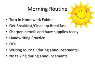 Morning Routine
•   Turn in Homework Folder
•   Get Breakfast/Clean up Breakfast
•   Sharpen pencils and have supplies ready
•   Handwriting Practice
•   DOL
•   Writing Journal (during announcements)
•   No talking during announcements
 