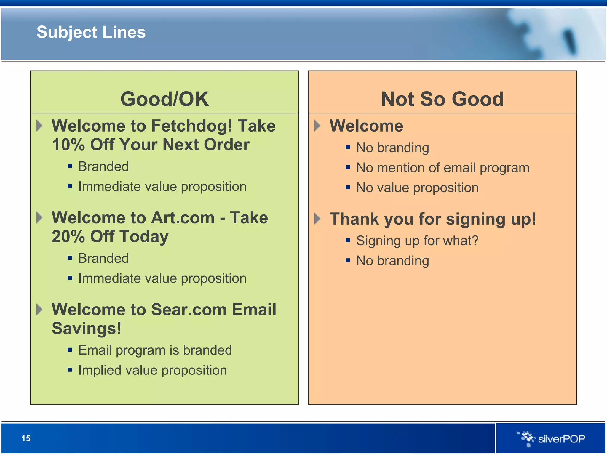 Subject Lines Good/OK Welcome to Fetchdog! Take 10% Off Your Next Order Branded Immediate value proposition Welcome to Art.com - Take 20% Off Today Branded Immediate value proposition Welcome to Sear.com Email Savings! Email program is branded Implied value proposition Not So Good Welcome No branding No mention of email program No value proposition Thank you for signing up! Signing up for what? No branding 