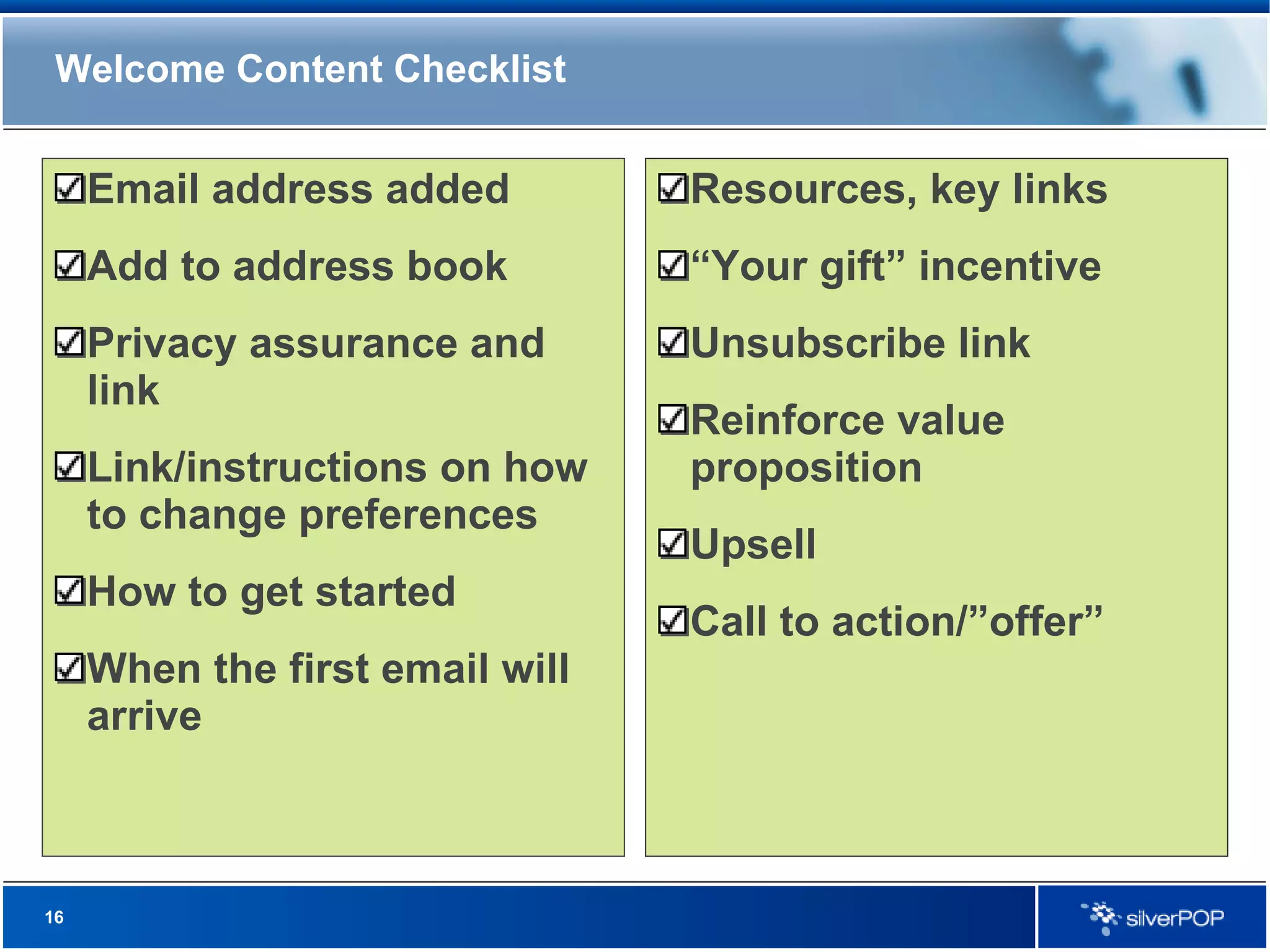 Email address added Add to address book Privacy assurance and link Link/instructions on how to change preferences How to get started When the first email will arrive Resources, key links “ Your gift” incentive Unsubscribe link Reinforce value proposition Upsell Call to action/”offer” Welcome Content Checklist 