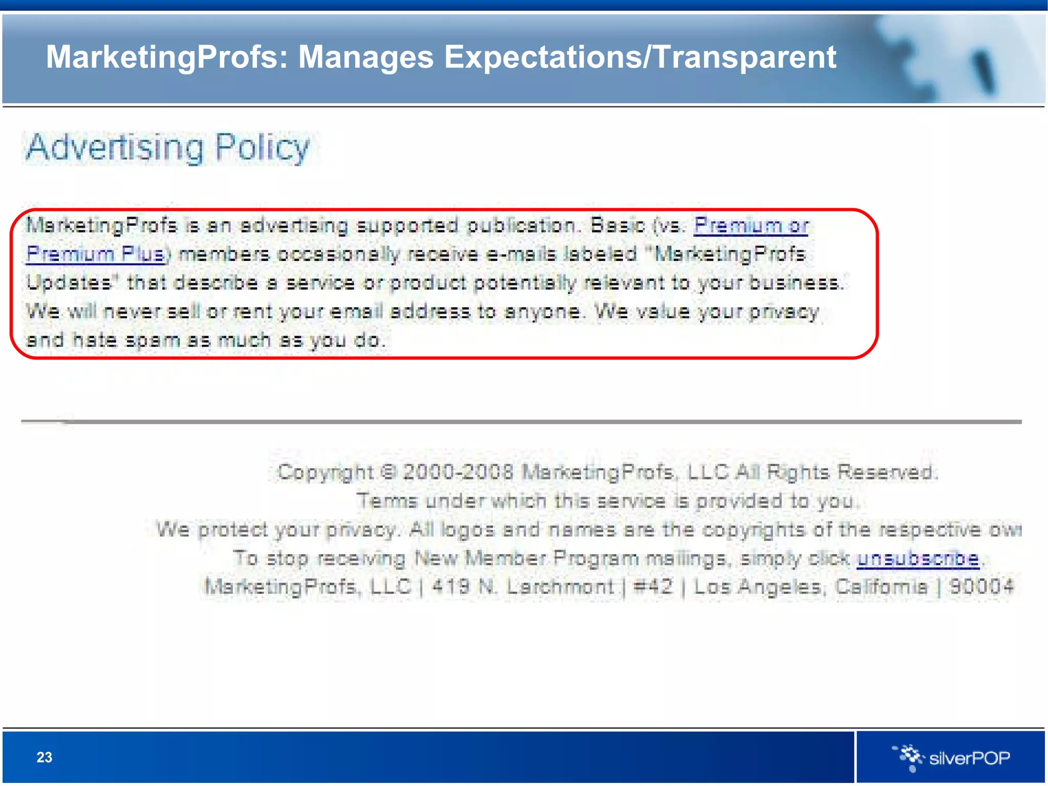 MarketingProfs: Manages Expectations/Transparent 