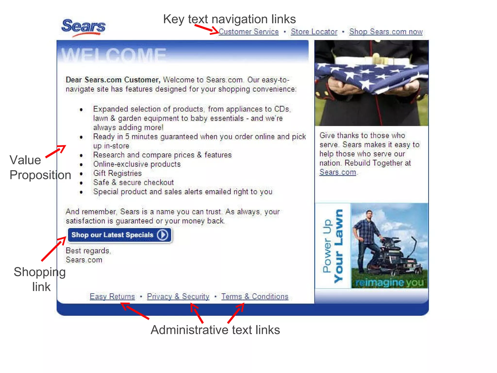 Value Proposition Key text navigation links Administrative text links Shopping  link 