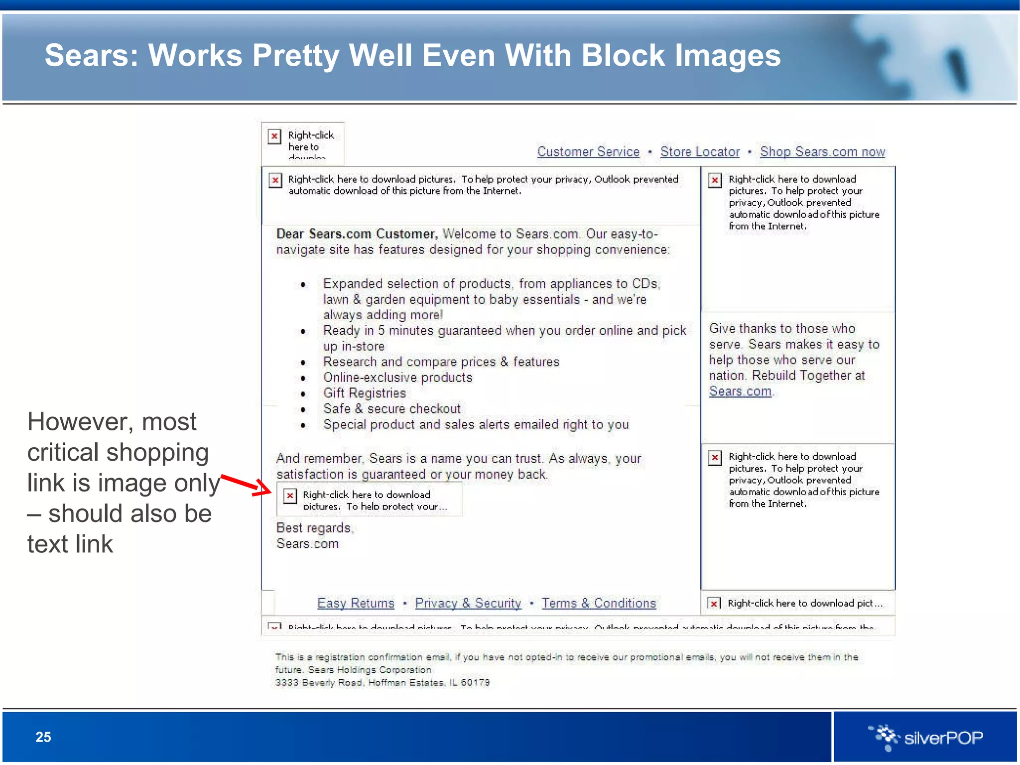 Sears: Works Pretty Well Even With Block Images However, most critical shopping link is image only – should also be text link 