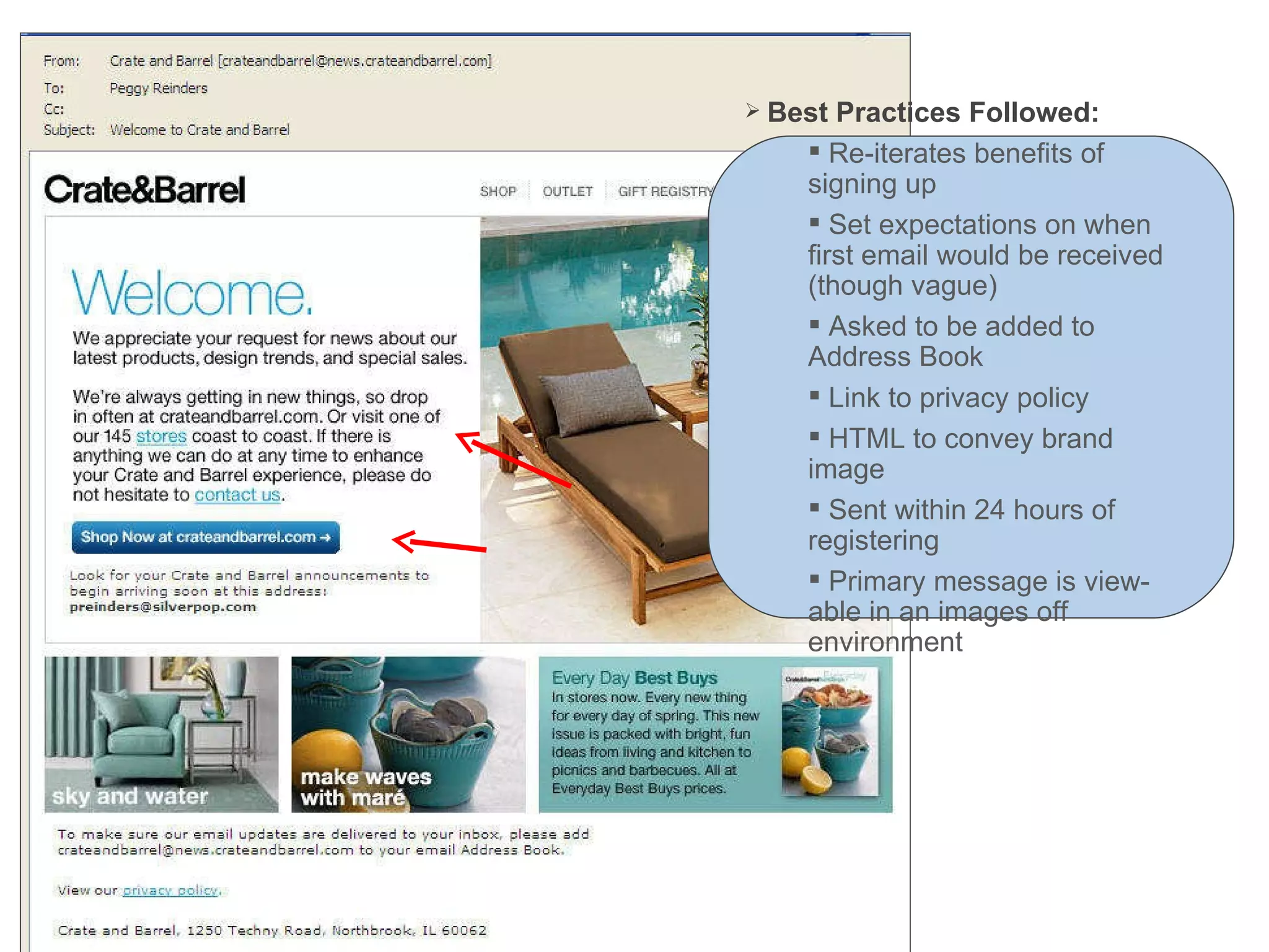 Best Practices Followed: Re-iterates benefits of signing up Set expectations on when first email would be received  (though vague) Asked to be added to Address Book Link to privacy policy HTML to convey brand image Sent within 24 hours of registering Primary message is view-able in an images off environment 