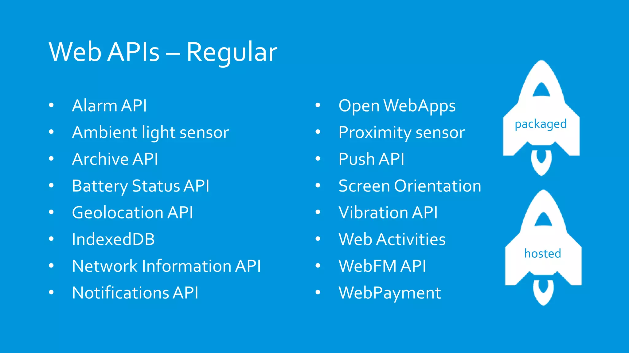 Web APIs – Regular
• AlarmAPI
• Ambient light sensor
• Archive API
• Battery StatusAPI
• Geolocation API
• IndexedDB
• Network Information API
• NotificationsAPI
• Open WebApps
• Proximity sensor
• Push API
• Screen Orientation
• Vibration API
• Web Activities
• WebFM API
• WebPayment
packaged
hosted
 
