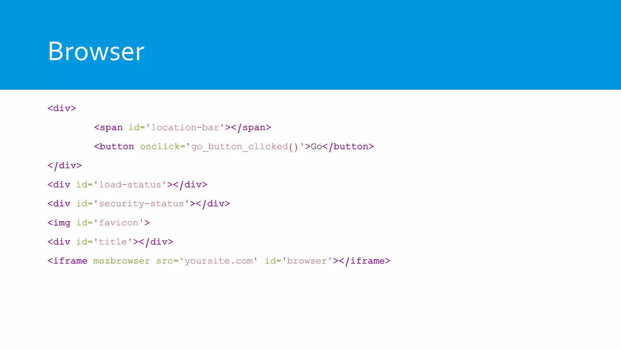 Browser
<div>
<span id='location-bar'></span>
<button onclick='go_button_clicked()'>Go</button>
</div>
<div id='load-status'></div>
<div id='security-status'></div>
<img id='favicon'>
<div id='title'></div>
<iframe mozbrowser src=‘yoursite.com' id='browser'></iframe>
 
