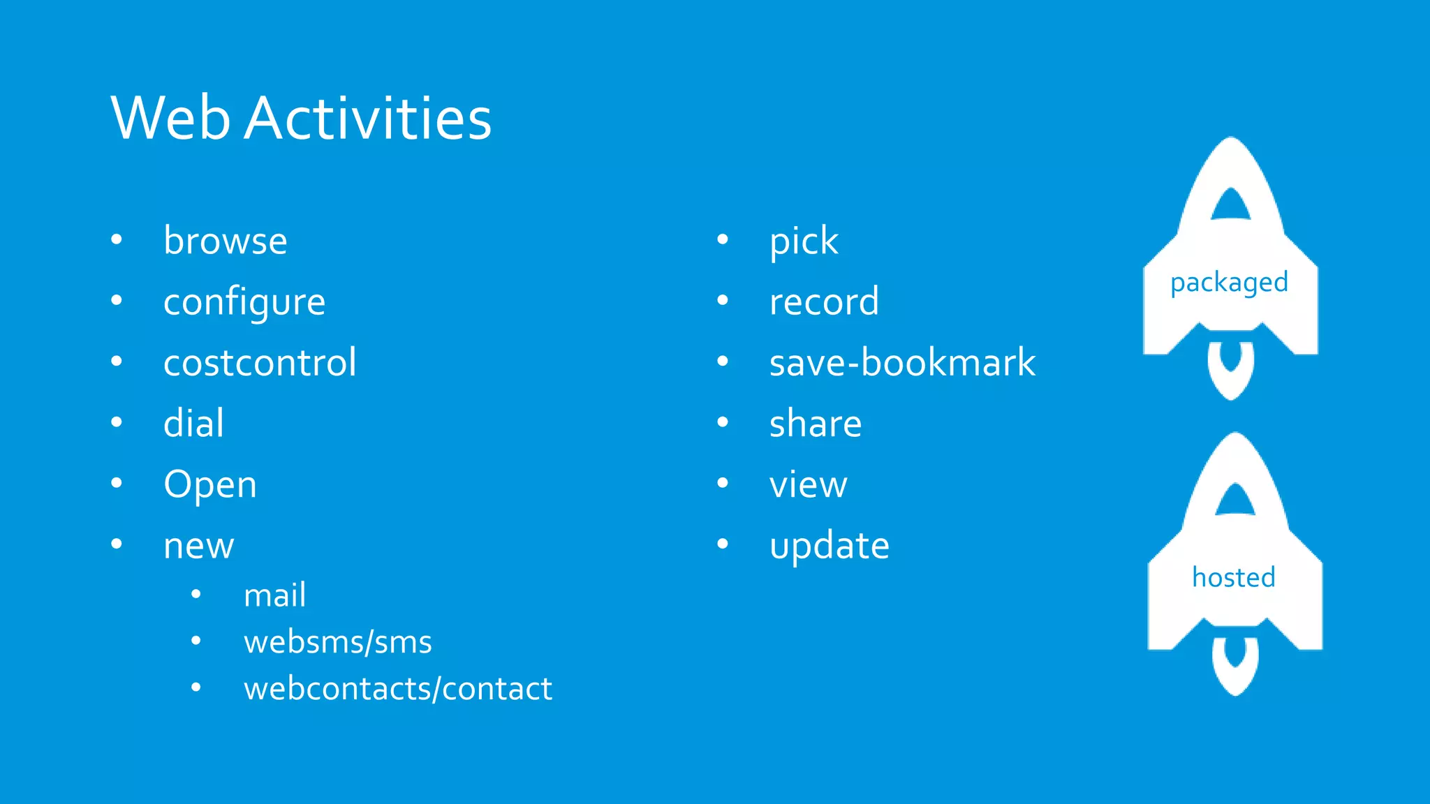 Web Activities
• browse
• configure
• costcontrol
• dial
• Open
• new
• mail
• websms/sms
• webcontacts/contact
• pick
• record
• save-bookmark
• share
• view
• update
packaged
hosted
 
