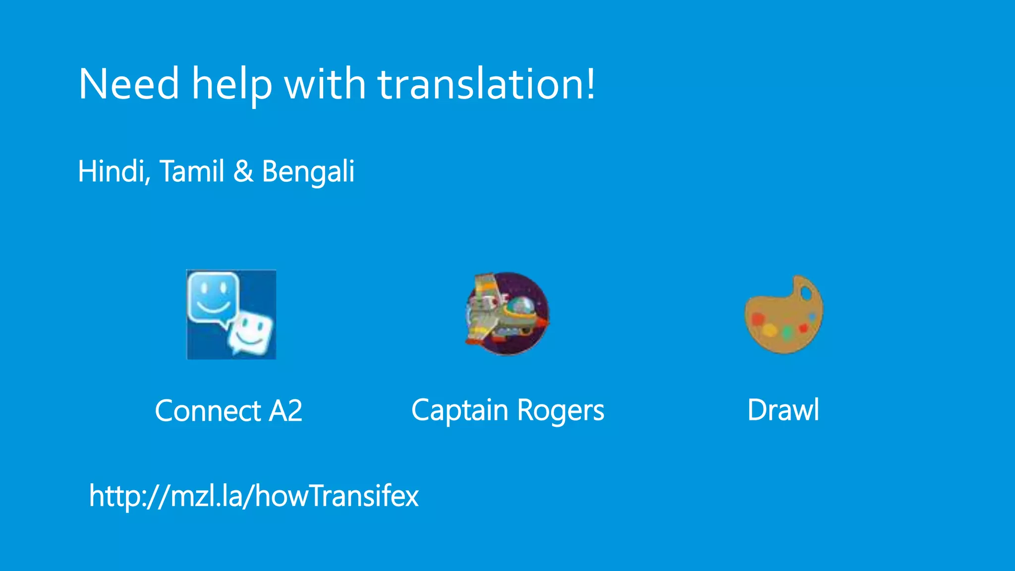 Need help with translation!
Hindi, Tamil & Bengali
Connect A2 Captain Rogers Drawl
http://mzl.la/howTransifex
 