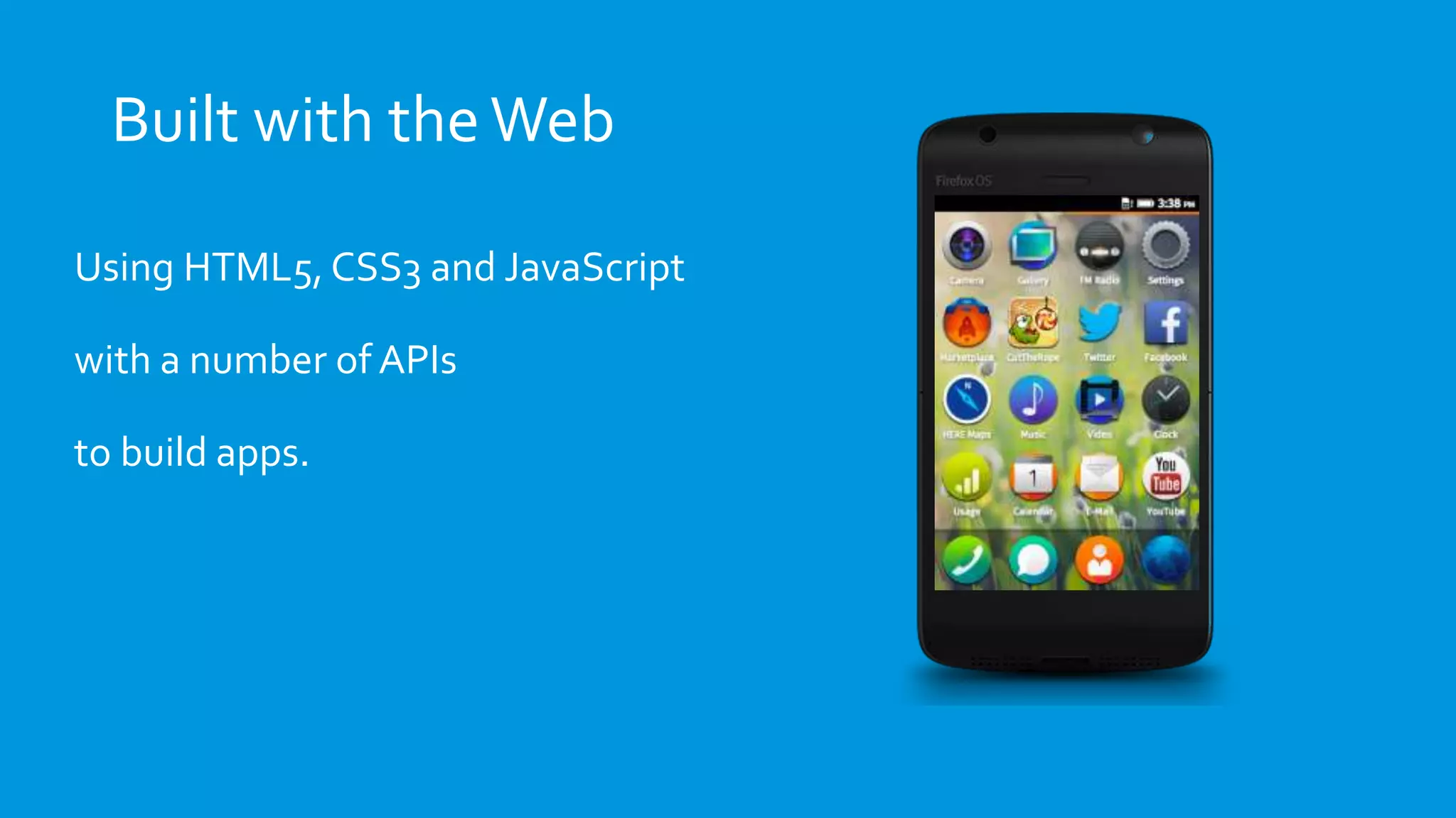 Built with theWeb
Using HTML5, CSS3 and JavaScript
with a number of APIs
to build apps.
 