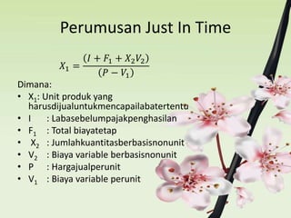 Perumusan Just In Time
𝑋1 =
𝐼 + 𝐹1 + 𝑋2 𝑉2
𝑃 − 𝑉1
Dimana:
• X1: Unit produk yang
harusdijualuntukmencapailabatertentu
• I : Labasebelumpajakpenghasilan
• F1 : Total biayatetap
• X2 : Jumlahkuantitasberbasisnonunit
• V2 : Biaya variable berbasisnonunit
• P : Hargajualperunit
• V1 : Biaya variable perunit
 
