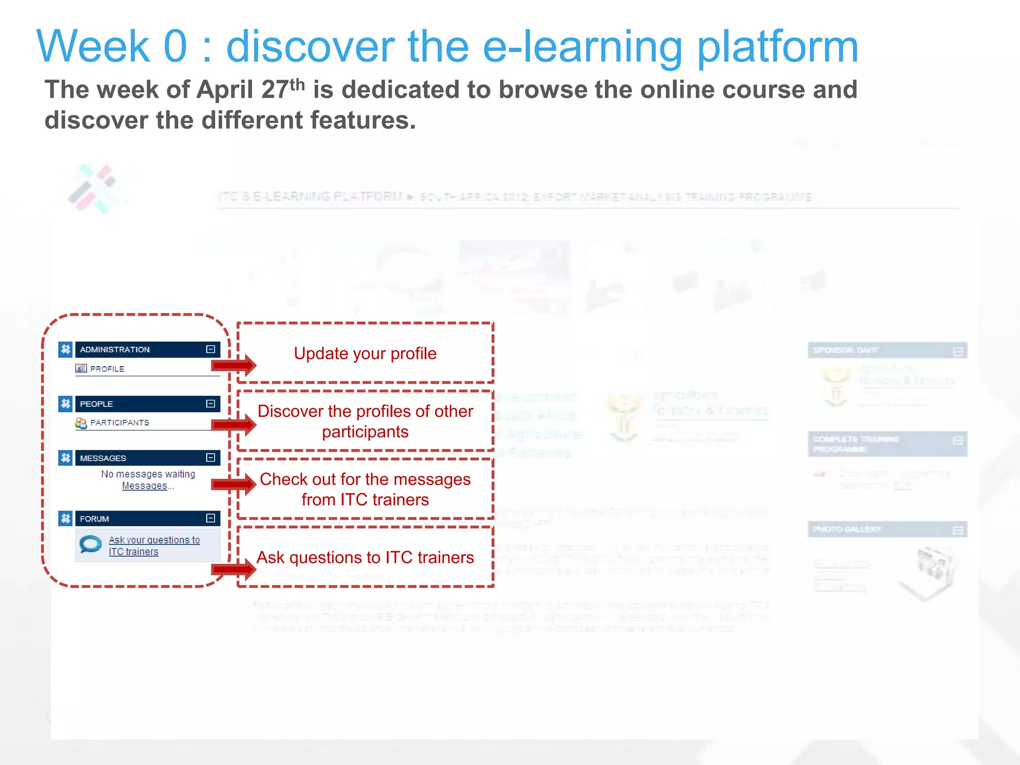 Week 0 : discover the e-learning platform
The week of April 27th is dedicated to browse the online course and
discover the different features.




                      Update your profile


                 Discover the profiles of other
                         participants

                 Check out for the messages
                     from ITC trainers


                 Ask questions to ITC trainers
 