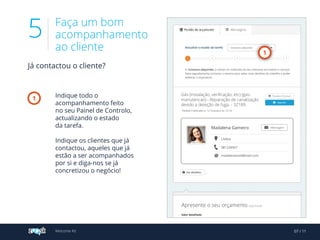 @
1 2 3 4 5
Apresente o seu orçamento (opcional)
1
1
Faça um bom
acompanhamento
ao cliente
5
Welcome Kit
 