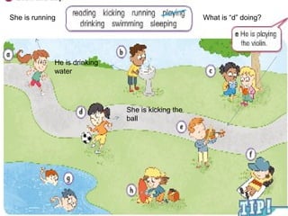 She is running
He is drinking
water
She is kicking the
ball
What is “d” doing?
 