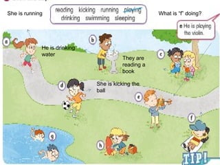 She is running
He is drinking
water
She is kicking the
ball
They are
reading a
book
What is “f” doing?
 
