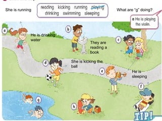 She is running
He is drinking
water
She is kicking the
ball
They are
reading a
book
He is
sleeping
What are “g” doing?
 