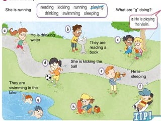 She is running
He is drinking
water
She is kicking the
ball
They are
reading a
book
He is
sleeping
They are
swimming in the
lake
What are “g” doing?
 
