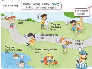 She is running
He is drinking
water
She is kicking the
ball
They are
reading a
book
He is
sleeping
They are
swimming in the
lake
She is playing with her
toys
 