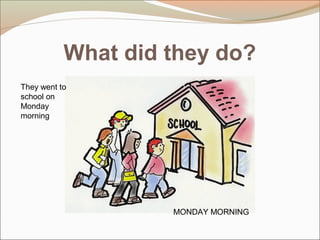 What did they do?
MONDAY MORNING
They went to
school on
Monday
morning
 