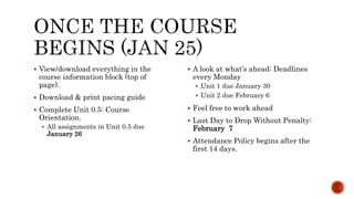  View/download everything in the
course information block (top of
page).
 Download & print pacing guide
 Complete Unit 0.5: Course
Orientation.
 All assignments in Unit 0.5 due
January 26
 A look at what’s ahead: Deadlines
every Monday
 Unit 1 due January 30
 Unit 2 due February 6
 Feel free to work ahead
 Last Day to Drop Without Penalty:
February 7
 Attendance Policy begins after the
first 14 days.
 