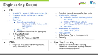 Engineering Scope
● HPC
○ OpenHPC - ARM enablement, Cloud CI
○ Scalable Vector Extension (SVE) for
ARMv8
○ Dev Tools
■ Com...