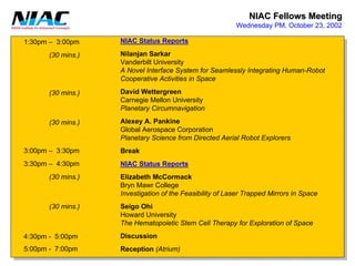 NIAC Fellows Meeting 
Wednesday PM, October 23, 20021:30pm –3:00pm3:00pm –3:30pm3:30pm –4:30pm4:30pm -5:00pm5:00pm -7:00pm(30 mins.) (30 mins.) (30 mins.) NIAC Status ReportsNilanjanSarkarVanderbilt UniversityA Novel Interface System for Seamlessly Integrating Human-RobotCooperative Activities in SpaceDavid WettergreenCarnegie Mellon UniversityPlanetary CircumnavigationAlexeyA. PankineGlobal Aerospace CorporationPlanetary Science from Directed Aerial Robot ExplorersBreakNIAC Status ReportsElizabeth McCormackBryn MawrCollegeInvestigation of the Feasibility of Laser Trapped Mirrors in SpaceSeigoOhiHoward UniversityThe HematopoieticStem Cell Therapy for Exploration of SpaceDiscussionReception(Atrium) (30 mins.) (30 mins.)  