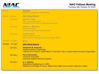 NIAC Fellows Meeting 
Thursday AM, October 24, 20029:00am 9:00am –10:30am10:30am –10:45am10:45am –12:15pm(30 mins.) (30 mins.) (30 mins.) WelcomeRobert A. Cassanova, NIAC DirectorNIAC Status ReportsSteven D. HoweHbarTechnologies, LLCAntimatter Driven Sail for Deep Space MissionsAnthony J. MarcheseRowan UniversityThe Black Light Rocket (BLR) EngineJoseph CarrollTether Applications, Inc. Space Transport Development using Orbital DebrisBreakNIAC Status ReportsNarayanan M. KomerathGeorgia Institute of TechnologyTailored Force Fields for Space-Based Construction: Key to a Space-Based Economy OrganizationParvizSoroushianTechnovaCorporationInherently Adaptive Structural SystemsA. C. CharniaSpaceWorksEngineering, Inc. (SEI) Networks on the Edge of Forever: Meteor Burst (MB) CommunicationNetworks on Mars(30 mins.) (30 mins.) (30 mins.)  