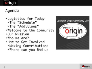 3
Agenda
●
Logistics for Today
●
The “Schedule”
●
The “Additions”
●
Welcome to the Community
●
Our Mission
●
Who we are?
●
How to Get Involved
●
Making Contributions
●
Where can you find us
 