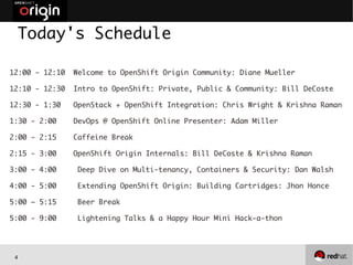 4
Today's Schedule
12:00 - 12:10 Welcome to OpenShift Origin Community: Diane Mueller
12:10 - 12:30 Intro to OpenShift: Private, Public & Community: Bill DeCoste
12:30 - 1:30 OpenStack + OpenShift Integration: Chris Wright & Krishna Raman
1:30 - 2:00 DevOps @ OpenShift Online Presenter: Adam Miller
2:00 - 2:15 Caffeine Break
2:15 - 3:00 OpenShift Origin Internals: Bill DeCoste & Krishna Raman
3:00 - 4:00 Deep Dive on Multi-tenancy, Containers & Security: Dan Walsh
4:00 - 5:00 Extending OpenShift Origin: Building Cartridges: Jhon Honce
5:00 – 5:15 Beer Break
5:00 - 9:00 Lightening Talks & a Happy Hour Mini Hack-a-thon
 