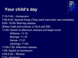 Your child’s day
7:15-7:40 – Homeroom
7:50-8:40- Special Areas (They each have their own schedule)
8:45- 10:55- Morning classes
(Either math and science, or ELA and SS)
11:00- Switch to afternoon classes and begin lunch
       Williams- 11:15
       Strange- 11:18
       Hance- 11:21
       Jennings- 11:24
11:00-1:55- Afternoon classes
1:55- Switch to homeroom
2:00-2:20 – Recess
 