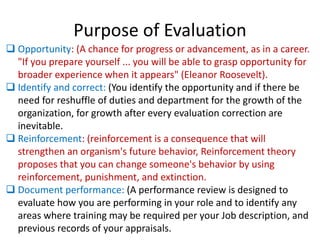 Purpose of Evaluation
 Opportunity: (A chance for progress or advancement, as in a career.
"If you prepare yourself ... you will be able to grasp opportunity for
broader experience when it appears" (Eleanor Roosevelt).
 Identify and correct: (You identify the opportunity and if there be
need for reshuffle of duties and department for the growth of the
organization, for growth after every evaluation correction are
inevitable.
 Reinforcement: (reinforcement is a consequence that will
strengthen an organism's future behavior, Reinforcement theory
proposes that you can change someone's behavior by using
reinforcement, punishment, and extinction.
 Document performance: (A performance review is designed to
evaluate how you are performing in your role and to identify any
areas where training may be required per your Job description, and
previous records of your appraisals.
 