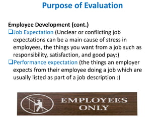 Purpose of Evaluation
Employee Development (cont.)
Job Expectation (Unclear or conflicting job
expectations can be a main cause of stress in
employees, the things you want from a job such as
responsibility, satisfaction, and good pay:)
Performance expectation (the things an employer
expects from their employee doing a job which are
usually listed as part of a job description :)
 