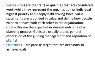 • Values – this are the traits or qualities that are considered
worthwhile they represent the organization or individual
highest priority and deeply held driving force. Value
statements are grounded in value and define how people
want to behave with each other in the organization.
• Goal – this are the expected or desired outcome of a
planning process. Goals are usually broad, general
expression of the guiding management and aspiration of
cliental
• Objectives – are precise target that are necessary to
achieve goals
 