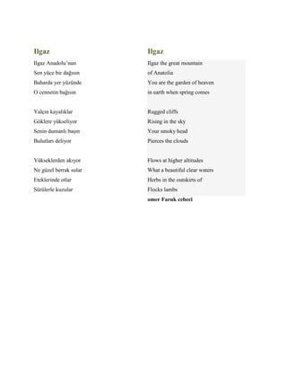 Ilgaz
Ilgaz Anadolu’nun
Sen yüce bir dağısın
Baharda yer yüzünde
O cennetin bağısın
Yalçın kayalıklar
Göklere yükseliyor
Senin dumanlı başın
Bulutları deliyor
Yükseklerden akıyor
Ne güzel berrak sular
Eteklerinde otlar
Sürülerle kuzular
Ilgaz
Ilgaz the great mountain
of Anatolia
You are the garden of heaven
in earth when spring comes
Rugged cliffs
Rising in the sky
Your smoky head
Pierces the clouds
Flows at higher altitudes
What a beautiful clear waters
Herbs in the outskirts of
Flocks lambs
omer Faruk cebeci
 