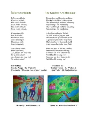 Înfloresc grădinile The Gardens Are Blooming
Înfloresc grădinile The gardens are blooming and thus
Ceru-i ca oglinda, The sky looks like a looking-glass,
Prin livezi albinele The bees through orchards handering
Şi-au pornit colinda; Are starting a fun wandering;
Prin livezi albinele The bees through orchards handering
Şi-au pornit colinda. Are starting a fun wandering.
Cânta ciocarliile A lovely song begins the lark
Imn de veselie, To their hymn of joy you hark,
Fluturii cu miile The butterflies by thousands build
Joacă pe campie; A gorgeous play in the huge field;
Fluturii cu miile The butterflies by thousands build
Joacă pe campie A gorgeous play in the huge field.
Joaca fete şi baieti, Girls and boys in reel are cancing,
Hora-n bătătură; In the house woof are dancing;
Ah , de ce n-am zece vieŝi Someone ten lives for me to do
Să te cânt, natură? Will I be able to sing you?
Ah , de ce n-am zece vieŝï Someone ten lives for me to do
Să te cânt, natură? Will I be able to sing you?
Selected by: Translated by:
Narcisa Neagu - the 4th
class C Şerban Vochin - the 7th
class A
Constantin Fîlfănescu - her primary teacher Ana Tudor - his English teacher
Drawn by: Alin Olteanu - 4 A Drawn by: Mădălina Nenciu - 8 D
 