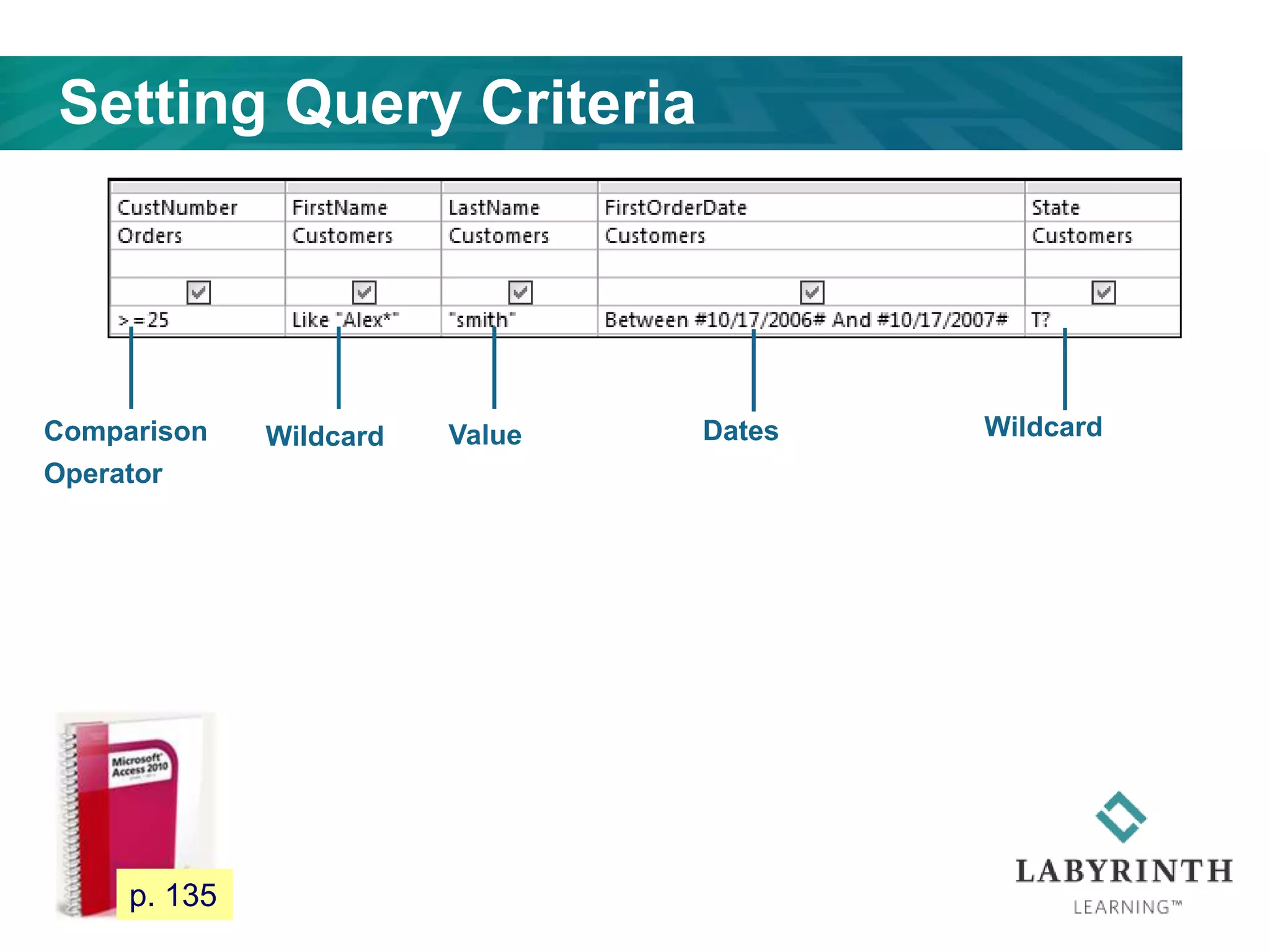 Setting Query Criteria
118
Comparison
Operator
Wildcard Value Dates Wildcard
p. 135
 
