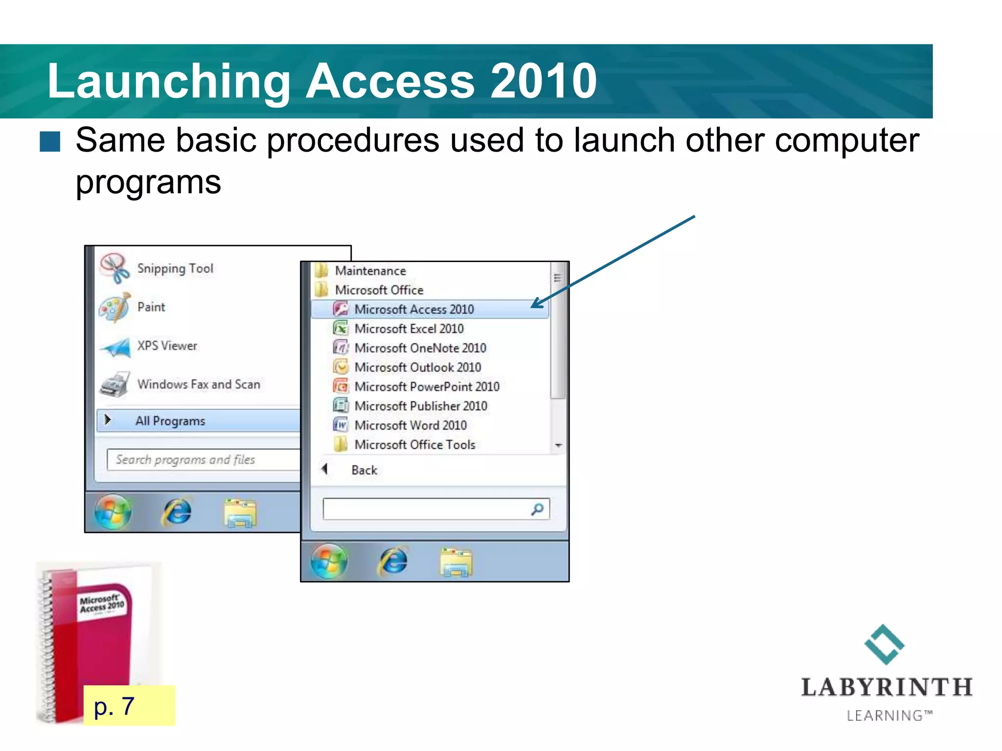 Launching Access 2010
 Same basic procedures used to launch other computer
programs
15 p. 7
 